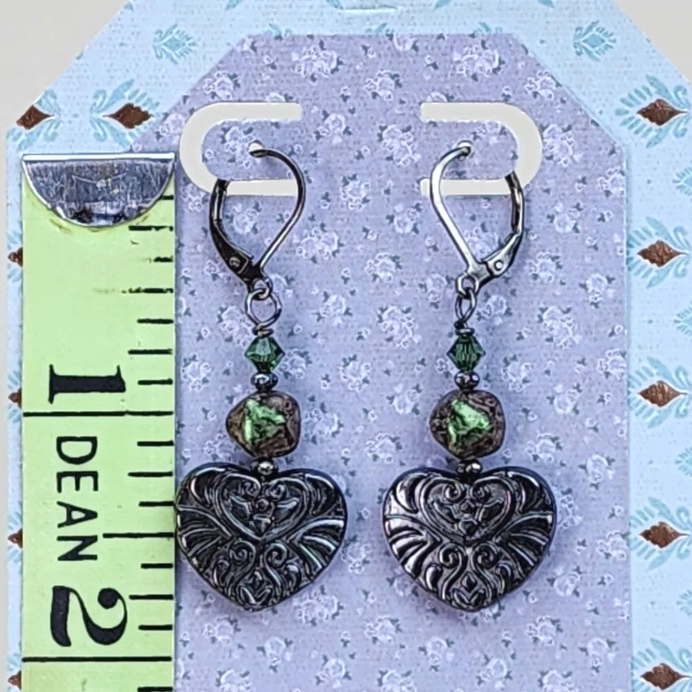 Gunmetal Heart Earrings with Green Accent Beads, Handcrafted - Picture 2 of 2